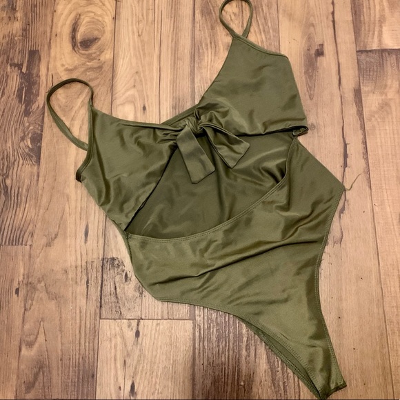 Olive Green Tie Front Cut Out Swimsuit - Picture 1 of 11